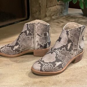 Gray Snakeskin Ankle Booties with Low Heel and V-Cut